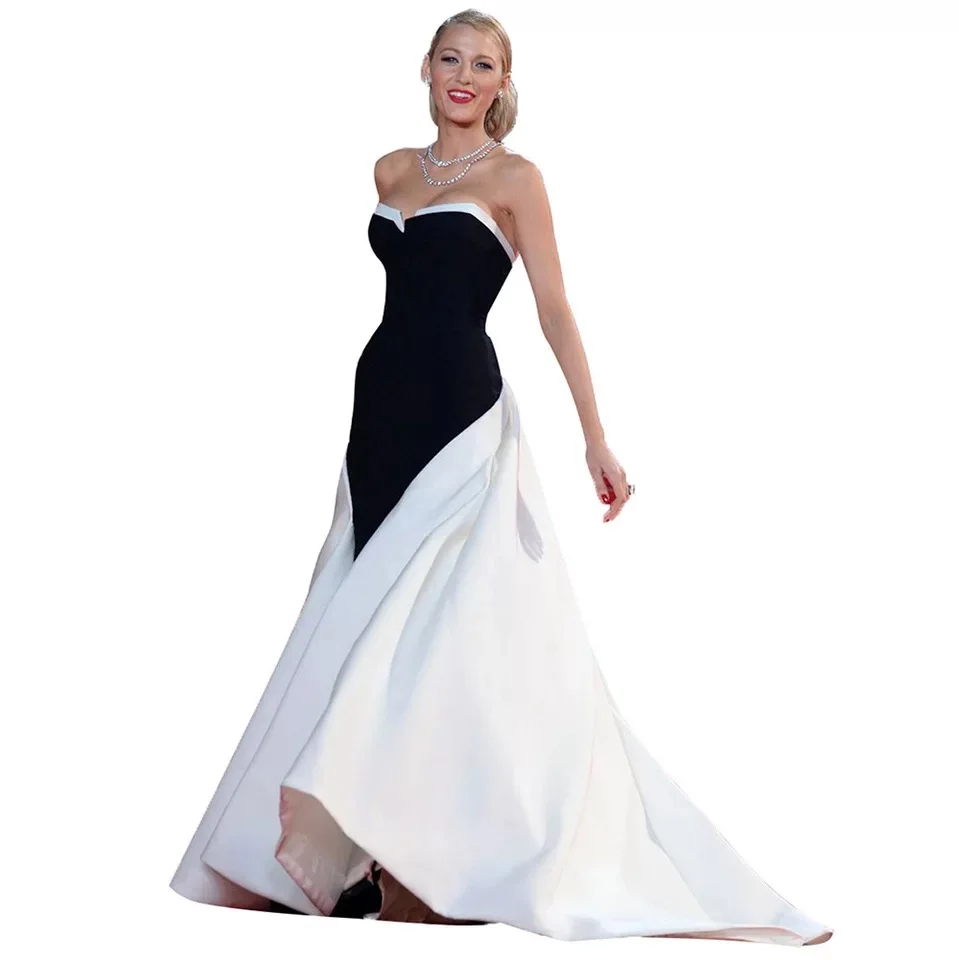 Red Carpet Celebrity Dresses Blake Lively Formal Strapless Evening Gowns Black White Satin Train Sweetheart Ceremony Prom Dress