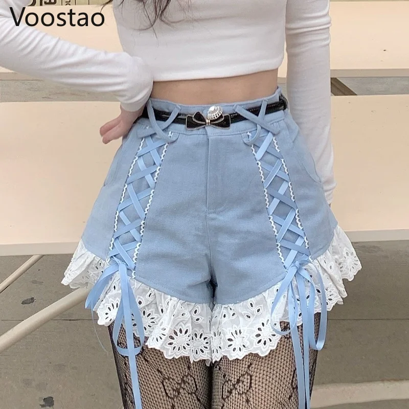 Sweet Lolita Style Shorts Summer Women Korean Lace Ruffles Patchwork Bandage High Waist Shorts Female Harajuku Punk Short Pants