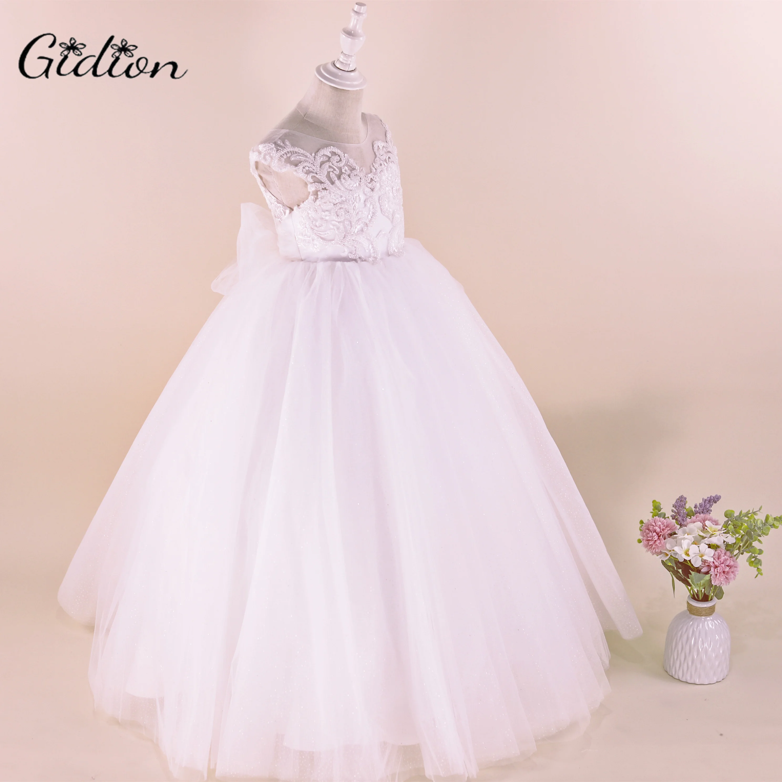 Elfenbein Brautjungfer Kleider Für Mädchen Kinder Hochzeit Abendkleid Spitze Bogen Blume Mädchen Geburtstag Party Kleid Kinder Prom Kleidung