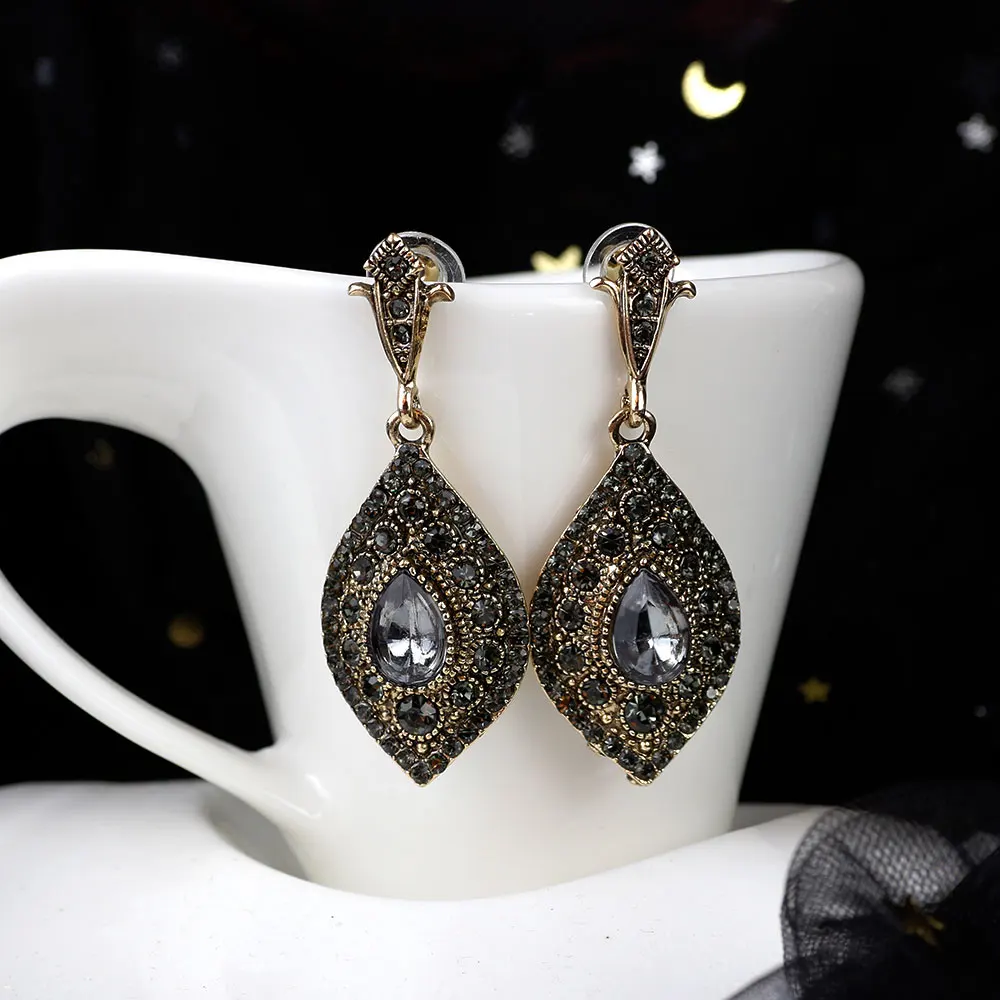 Sunspicems Turkish Gray Crystal Drop Earrings For Women Antique Gold Color Bohemia Ethnic Wedding Jewelry Party Bijoux 2020