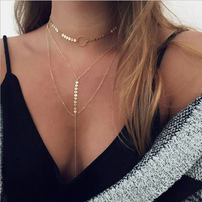 Fashion Multi Layer Necklace Coin Chain Circle Choker O Chain extend plated for Women Gift
