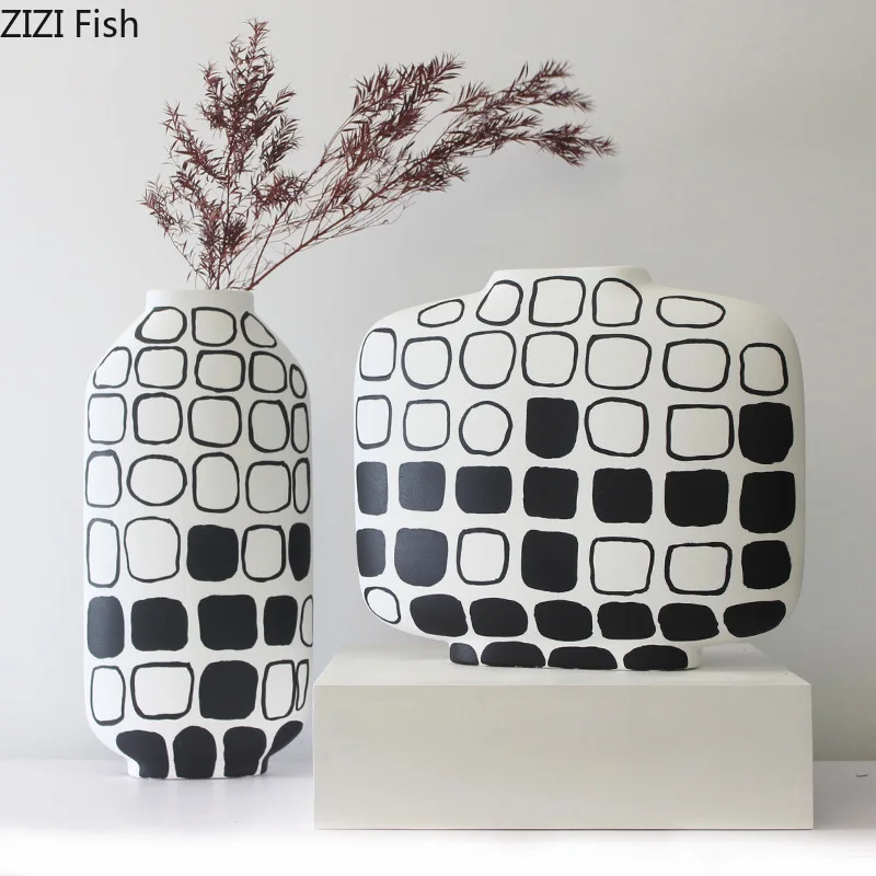 White Striped Ceramic Vase Black and White Checkered Flower Vase Abstract Geometric Pattern Ceramic Crafts Home Decoration