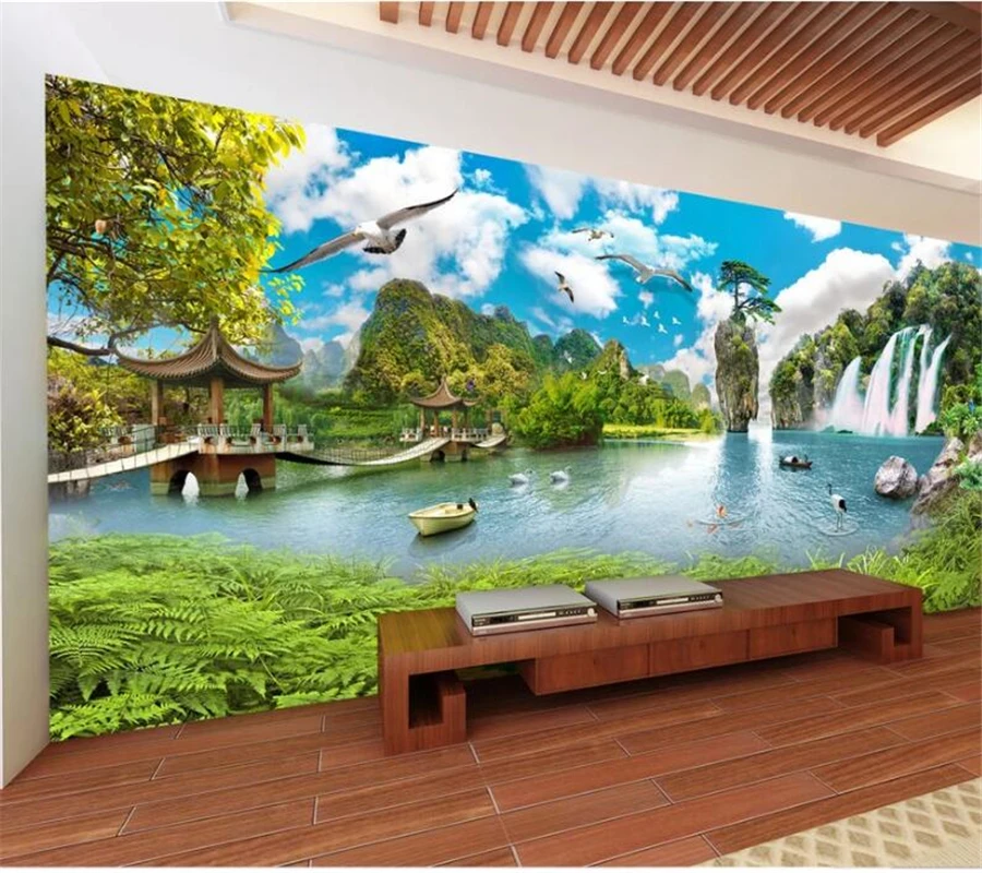 

wellyu Customized large murals fashion home decoration Chinese style landscape waterfall 3D TV background wall