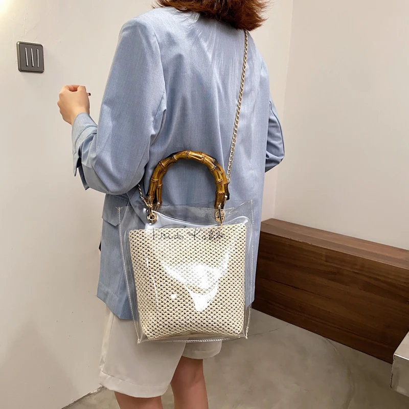 Bamboo Knot Design Handle Transparent Rattan Straw Crossbody Bags for Women 2021 Summer Fashion Chain Shoulder Handbags Totes