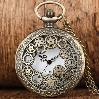 Retro antiek koper Steampunk holle bronzen tandwiel holle quartz zakhorloge hanger klok ketting heren dames kettinghorloges