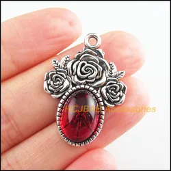 6Pcs Tibetan Silver Tone Ellipse Red Glaze Charms Rose Flower Pendants 23x32mm