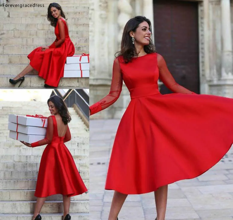 Vestido de cóctel rojo de manga larga, línea A, cuello de Joya, corto para Juniors, dulce 15, fiesta de graduación, talla grande, barato