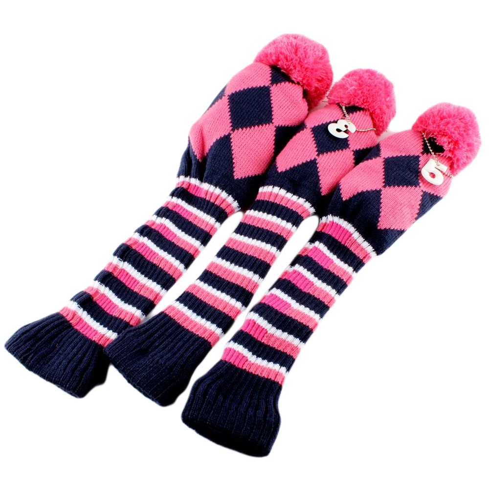 

3 Pcs Pink Black Golf Club Headcover for #1 Driver #3 #5 Fairway Golf Wood Covers Knitted Pom Pom Sock Covers