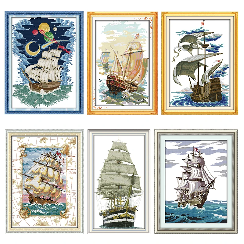 Embroidery Needlework Cross-Stitch Kit Stamped Printed Sailing Ship Patterns 11CT 14CT Painting Counted Patterns Craft Decor Set