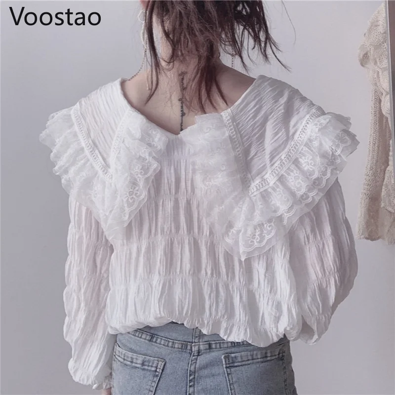 Süße Mode Bluse Frauen Elegante Puff Sleeve Spitze Mesh Tops Mädchen Lolita Stil Peter Pan Kragen Chiffon Shirts Blusas Mujer