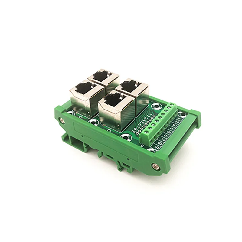 DIN Rail Mount Network Interface Module RJ45 8P8C Vertical Jack 4-Way With shielding Buss Breakout Board, Terminal Block, Connec