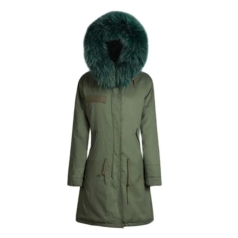 Italia Brand Style Mr fodera in pelliccia di volpe verde scuro Parka collo in pelliccia di procione cappuccio inverno donna vera pelliccia giacca cappotti