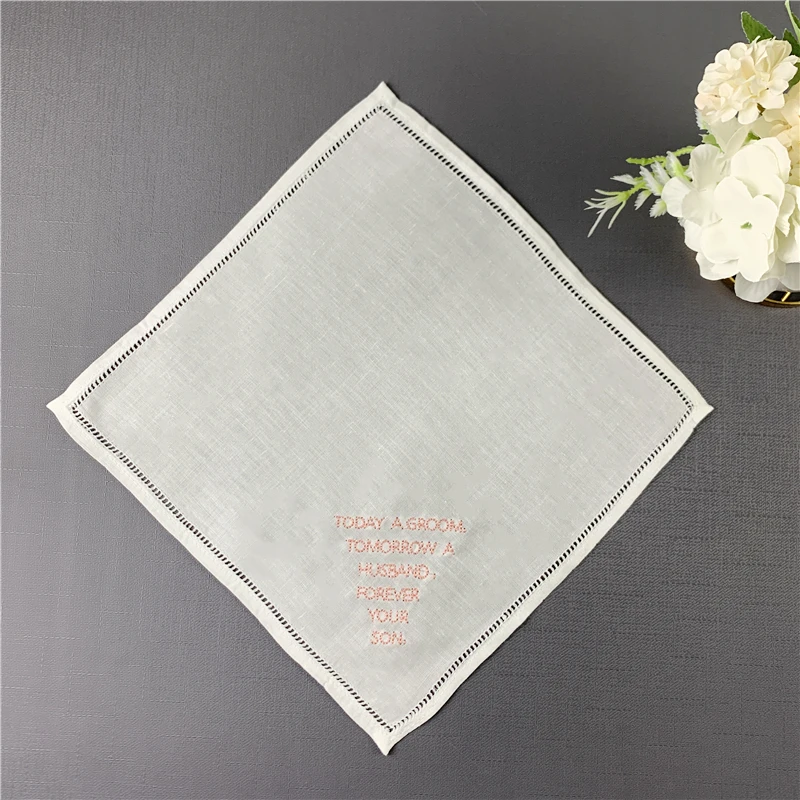 Set of 12 Fashion Personalized Wedding Handkerchiefs 10x10-inch Linen Hemstitch hankie for any Wedding Ceremony or Special Event