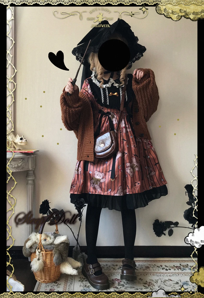 Vestido gótico de palacio para niña, vestido vintage de lolita, bruja de Halloween, estampado de cintura alta, Victoriano, kawaii, lolita gótica