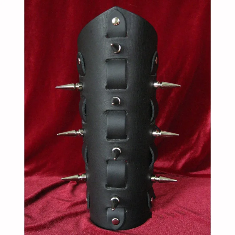 Mens Leather Woven Spiked Arm Bracer Black Vambraces Gauntlet With Straps Long Large Spikes Armband Armor Cuffs For Road Warrior