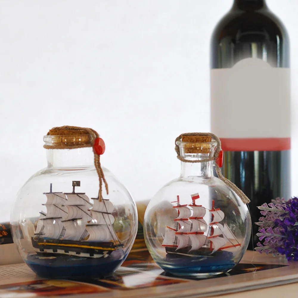 Sailing Boat in Drift Bottle Mediterranean Glass Pirate Ship Wishing Bottle Nautical Home Decor Gifts Crafts