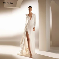 Verngo Simple Ivory Soft Satin A Line Wedding Party Dresses Long Sleeves V Neck High Side Slit 2021Women Formal Gowns Outfit