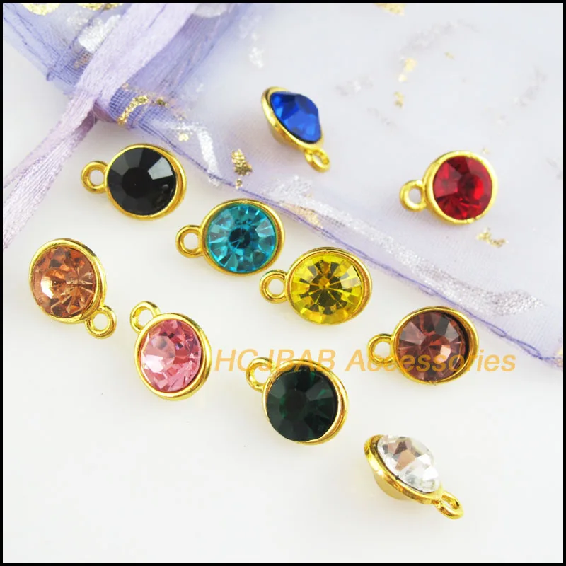 20 New Smooth Round Charms Gold Color Mixed Crystal Pendants 9x13mm