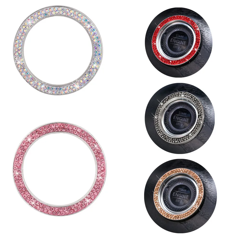 Universal Cars One-Key Engine Start Stop Ignition Push Button Switch Cover Decorative Rhinestone Diamond Crystal Ring Car Parts