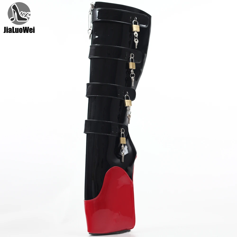 jialuowei 2018 New 8 Keys Strange Wedge High Heel Heelless Training Padlocks YKK Zipper Lockable Knee-High Ballet Boots Unisex