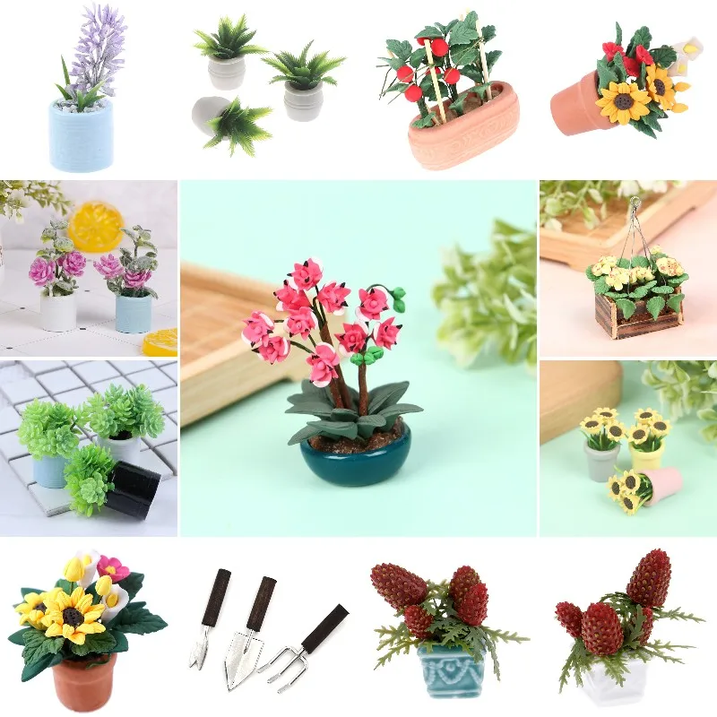 1:12 DollHouse Miniature Flowers Bonsai Tomato Sunflower Moth Orchid Flower Bush Mini Potted Plant Flowers Pot Home Garden Decor