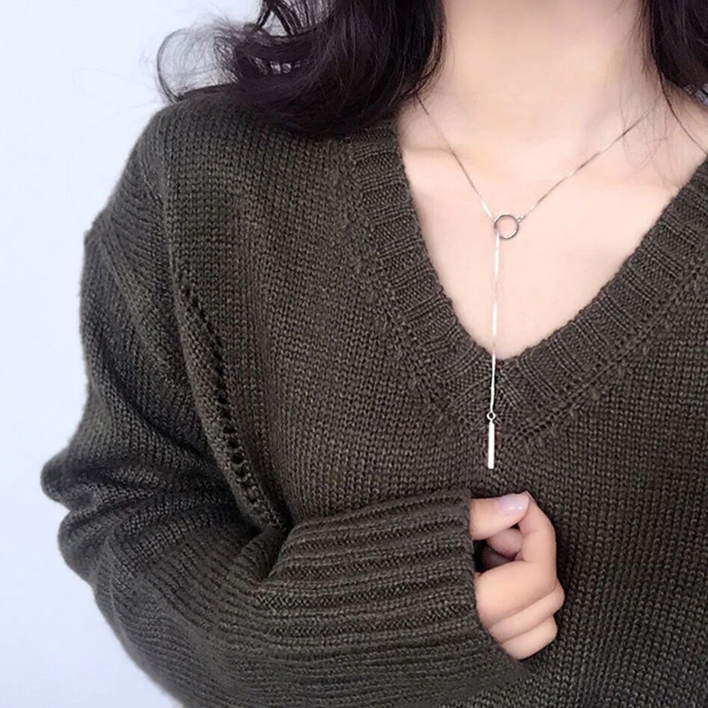 Hot Sale Fashion 925 Sterling Silver Long Tube Collarbone Necklace Round&Heart&Triangle Pendant Necklaces For Women Jewelry Gift