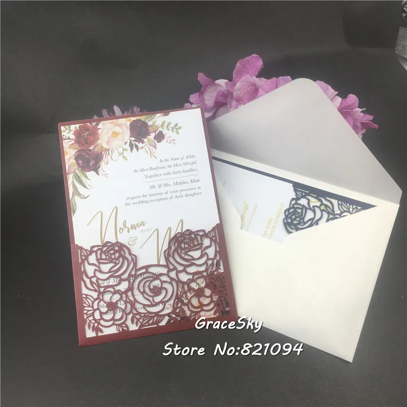 50pcs 2020 New Laser Cut Pocket design Rose Flowers Wedding Party Invitations Card Personalized printing cards  Wedding Supplies