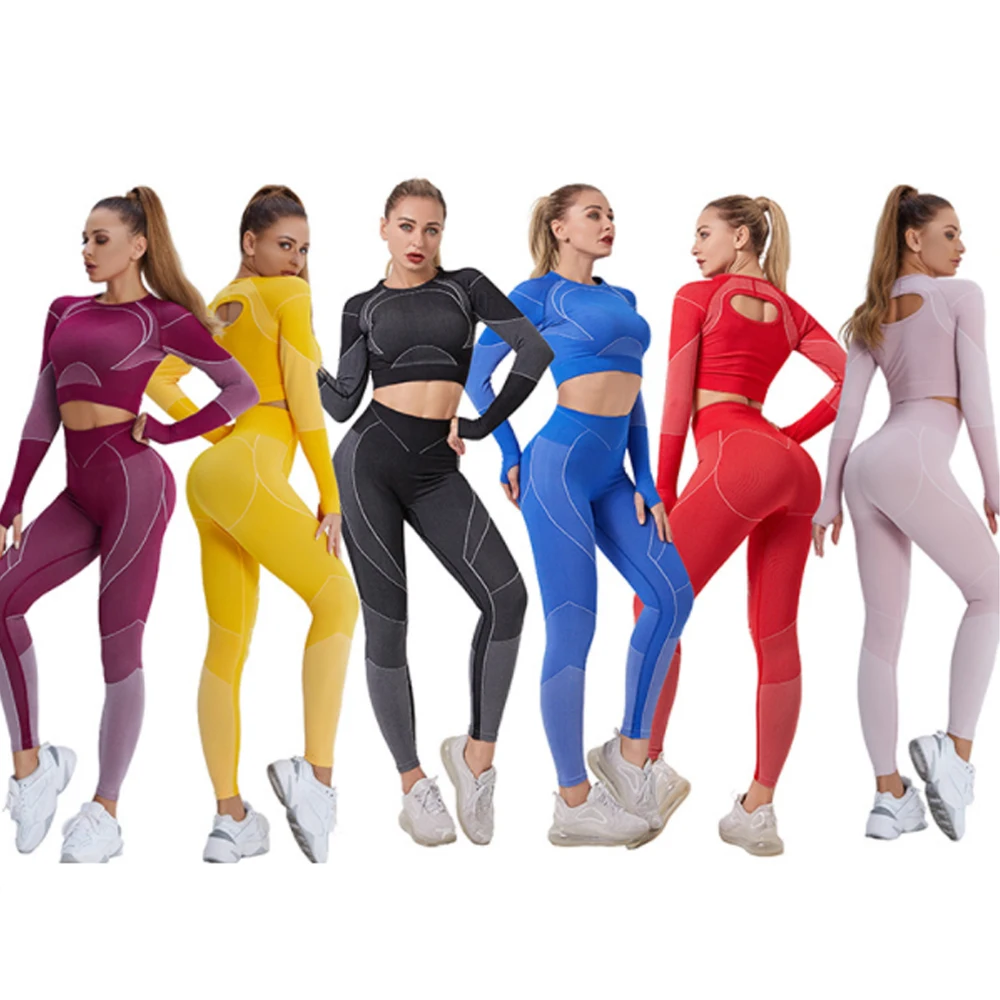 Women\'s Tracksuit Workout Outfits Set Sexy High Waist Leggings Long Sleeve Crop Tops Active Yoga Sets Female Sport Gym Clothes