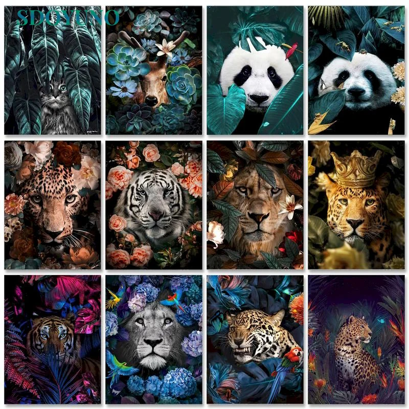 SDOYUNO 60x75cm Paint By Numbers For Adult Flower And Animals DIY Oil Painting By Numbers On Canvas Lions Frame Home Decor