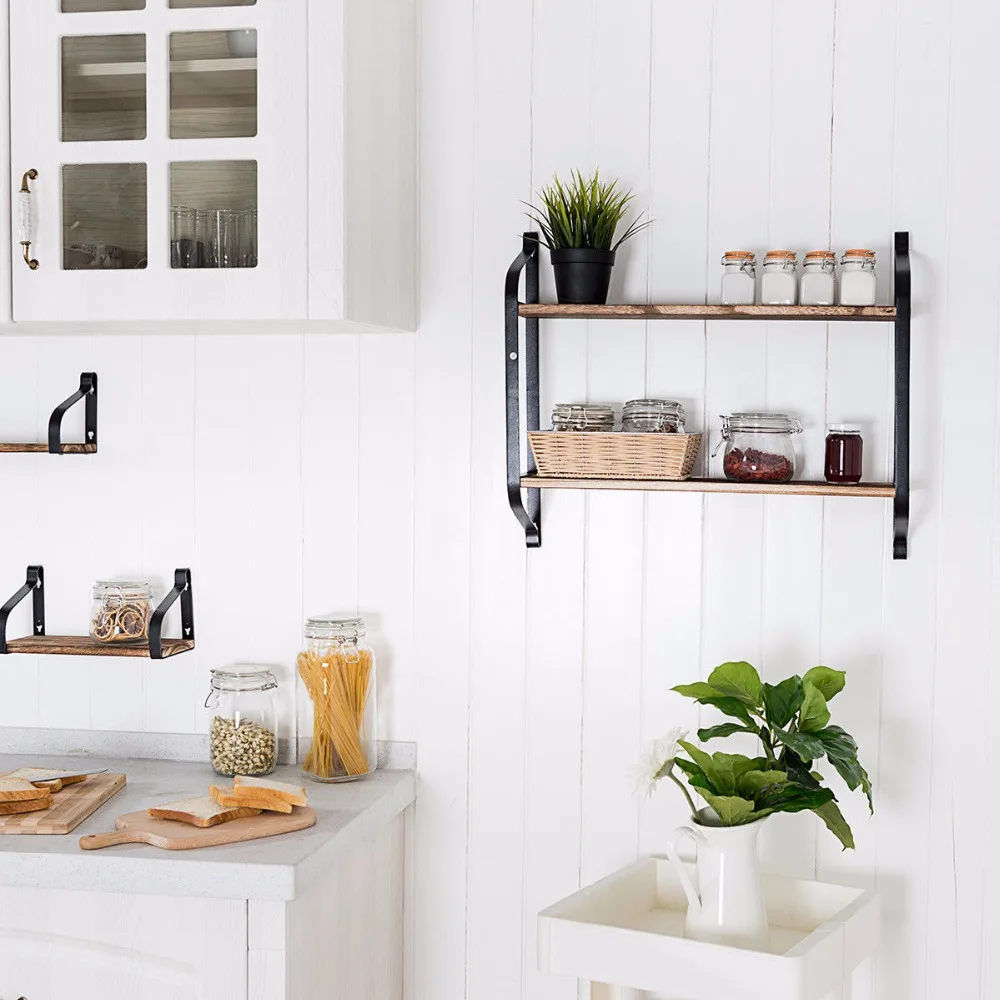 Goplus 2Tier Rustic Wall Mounted Floating Shelves Industrial Wood Multi-purpose Storage HW59525