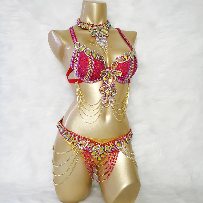 

New Stage Wear Sexy Samba Carnival Handmade Belly Dance Costume Suit For Women Beaded Bra&Belt Set Party Rave Dancing Outfit 028