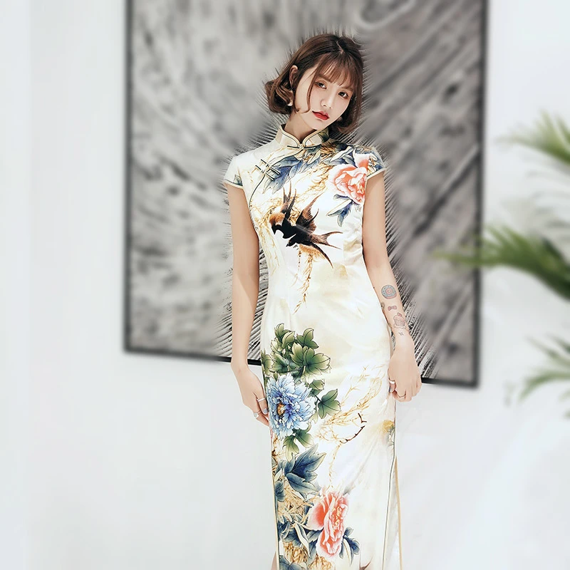 Ladies Vintage Qipao Swallow Flowers Elegant Cheongsam Classical Long Evening Dress Sexy Traditional Qipao