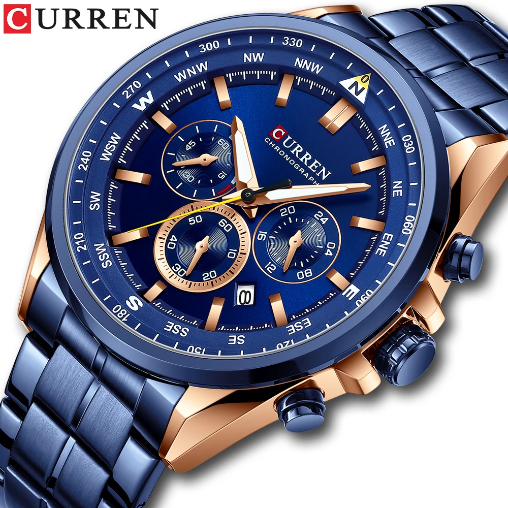 CURREN Men's Luxury Watches Fashion Sporty Wristwatches Male Chronograph Quartz Stainless Steel Clock with Luminous Hands