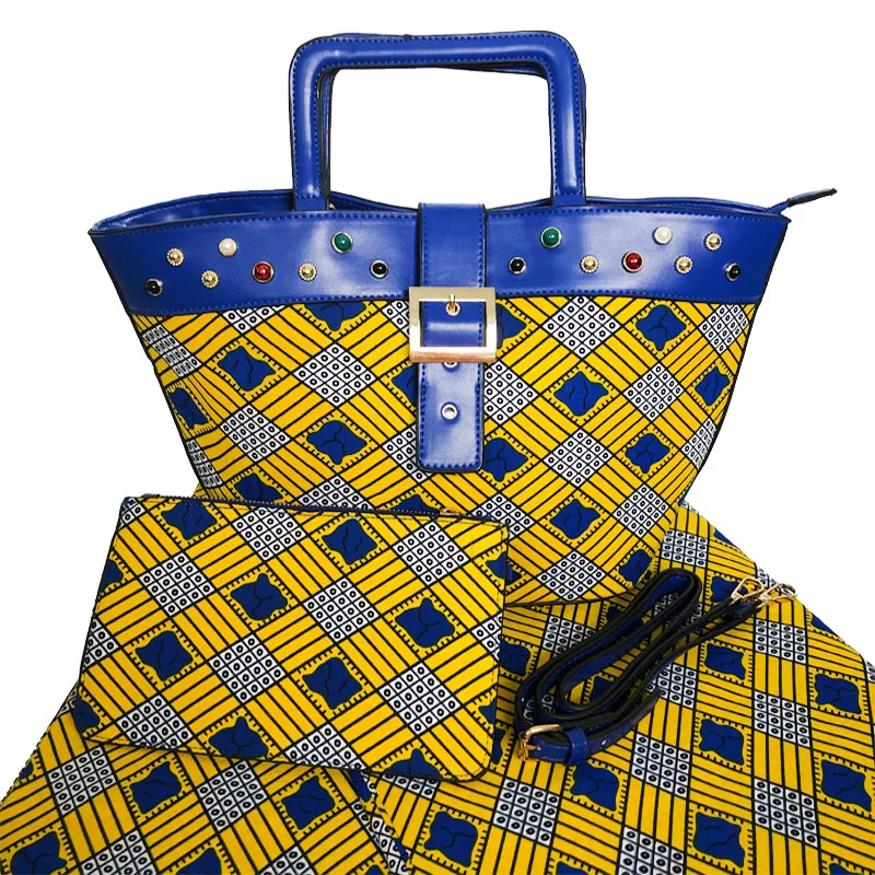 Best Selling Nigerian Wax bag And Cotton Fabric Set High Quality Woman Handbag With 6 Yards Wax Fabric To Match Set On Stock