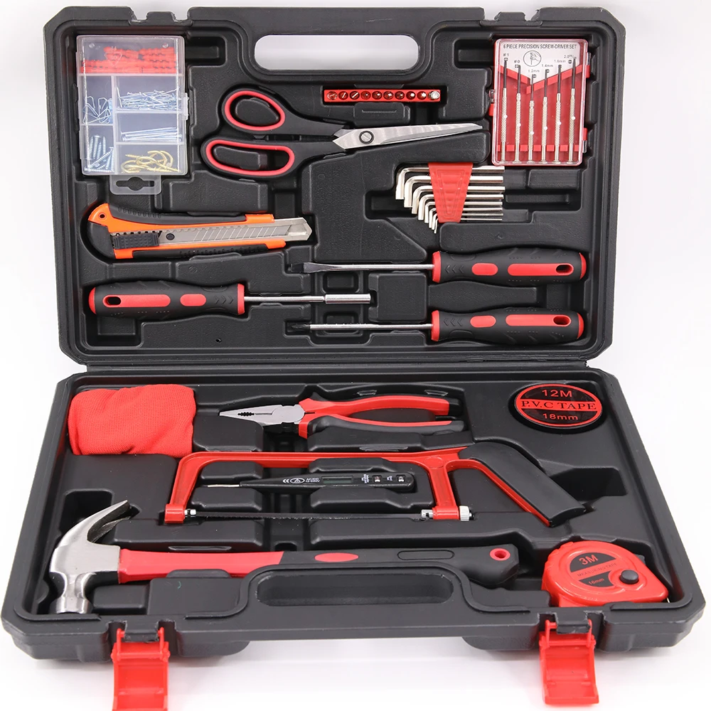 

Hand Tool General Household Repair Kit with Plastic Toolbox Tape measure Pliers Wrench Screwdriver Knife Hammer