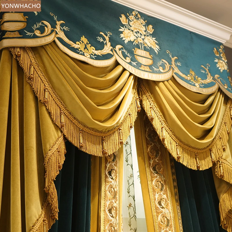 Custom curtains elegant luxury embroidery French solid velvet duplex ultra-high  cloth blackout curtain tulle valance drape B801