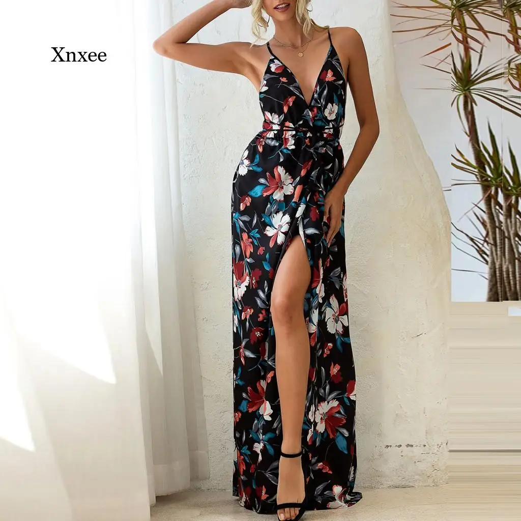 

Summer Floral Print Long Beach Dresses Women V Neck Spaghetti Strap Split Maxi Dress Party Casual Women Elegant Bodcon Robe