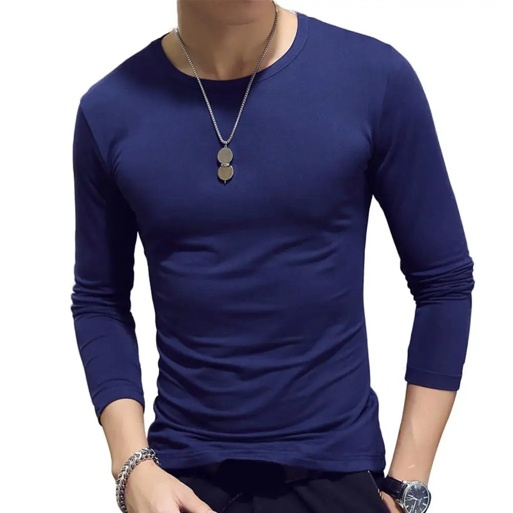 Casual Men Solid Color O Neck Long Sleeve Slim T-shirt Sports Bottoming Top Men Clothings Solid Color Sliming and Fit