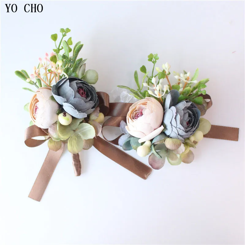 YO CHO Unique European Style Silk Rose Wrist Flower Artificial Berries Wedding Bridal Corsage Wedding Holiday Party Accessories