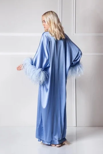 Blue Women Feather Bathrobe Sleepwear Two Pieces Night Robe Kimono Dressing Gown Babydoll Lingerie Bath Robe Luxury Nightgown