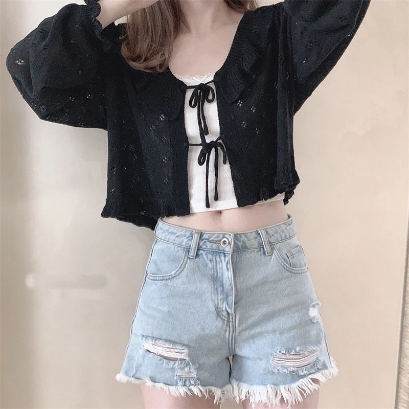 Vintage Hollow Black Knit Sweater Women Summer Cardigan Bandage Knitwear Kimono Female Korean Fashion Cover Up Pink Crop Tops