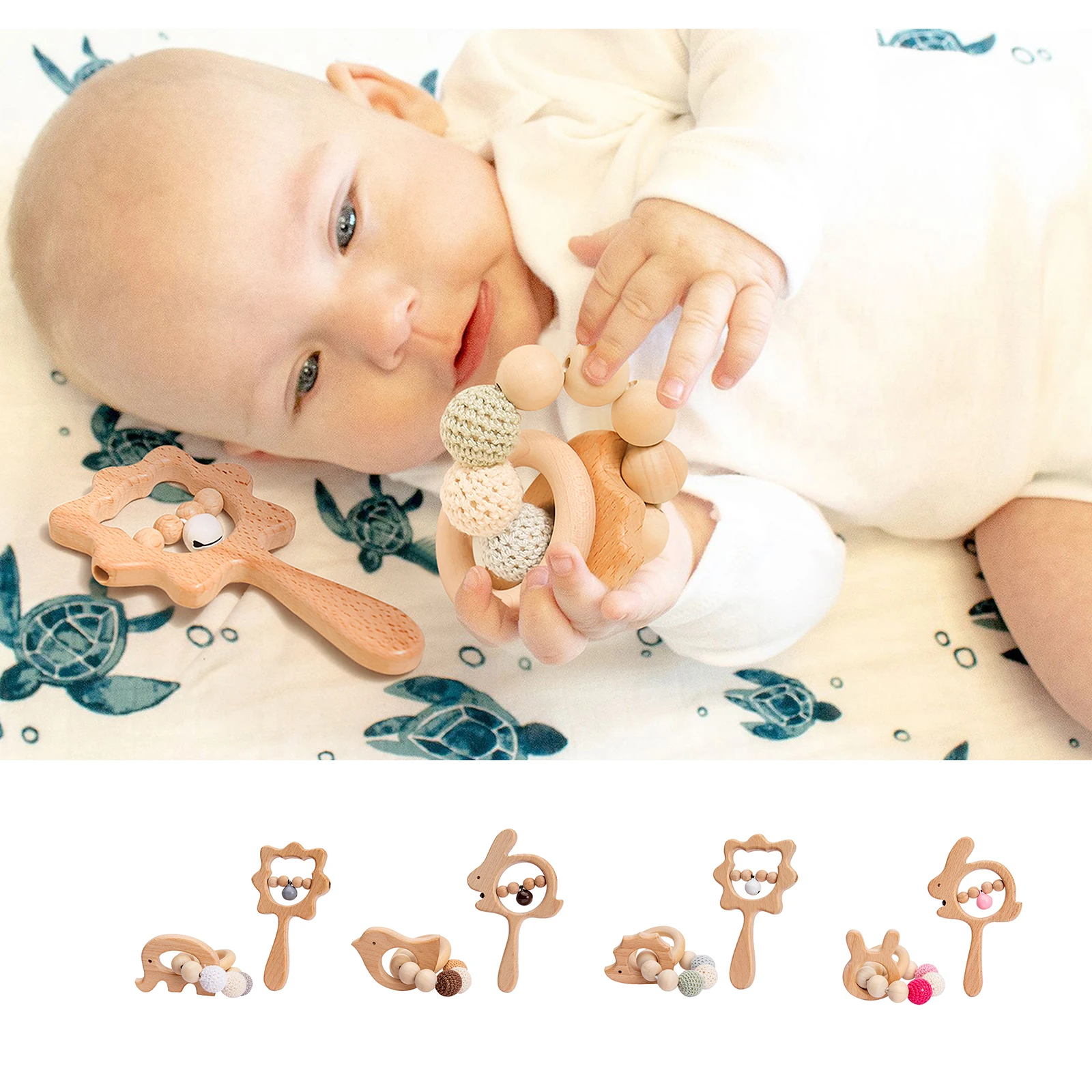 1Pc Wooden Rattle Beech Bear Hand Teething Wooden Ring Baby Rattles Play Gym Montessori Stroller Toy Educational Toys