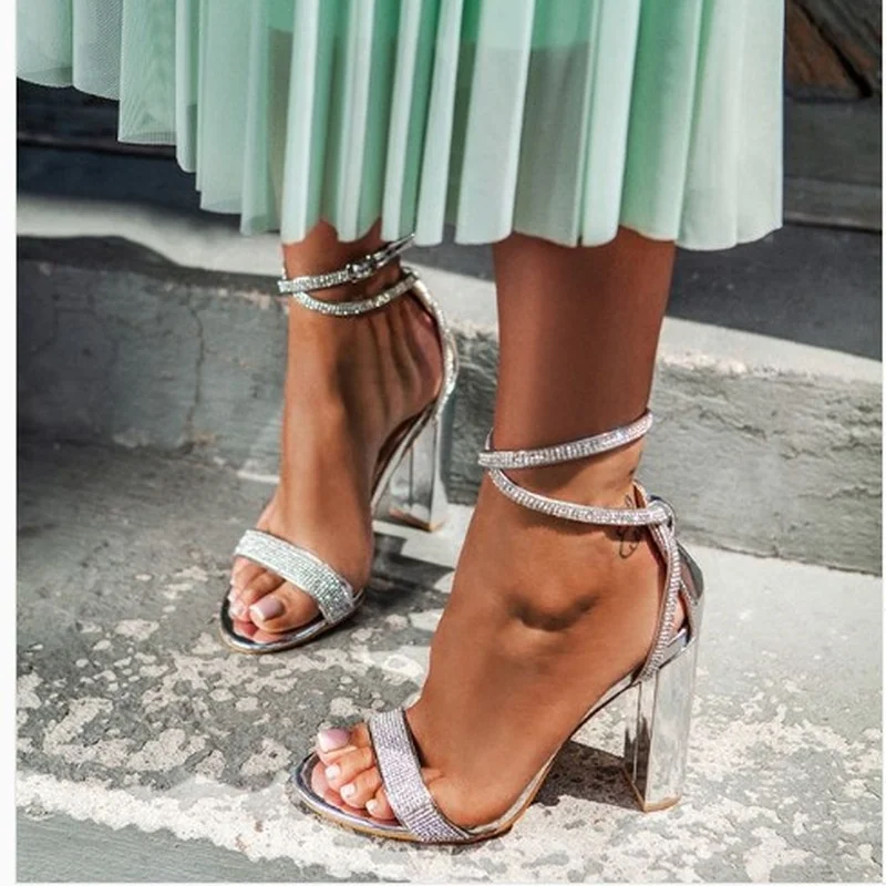 

Silver Crystal Sexy Women Sandals Square Heel Buckle Strap Gladiator Women Sandals Stiletto Wedding Rhine Stone