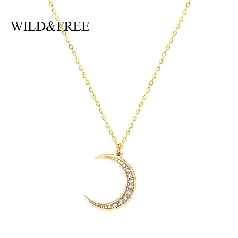 Wild&Free New Simple Crescent Moon Necklace Plain Half Moon Crystal Pendant Necklaces for Women Stainless Steel Fashion Jewelry