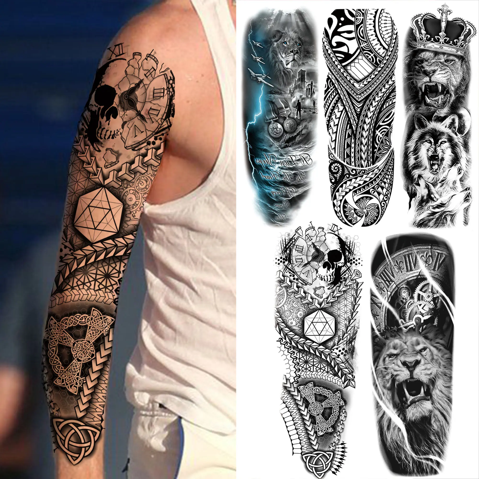 Large Skull Totem Temporary Tattoos Sleeve For Men Women Fake Lion Wolf Compass Tattoo Sticker Black Waterproof Full Arm Tatoos