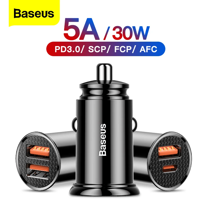 Baseus USB Car Charger Quick Charge 4.0 QC4.0 QC3.0 QC SCP 5A PD Type C 30W Fast Car USB Charger For iPhone Xiaomi Phone Charger