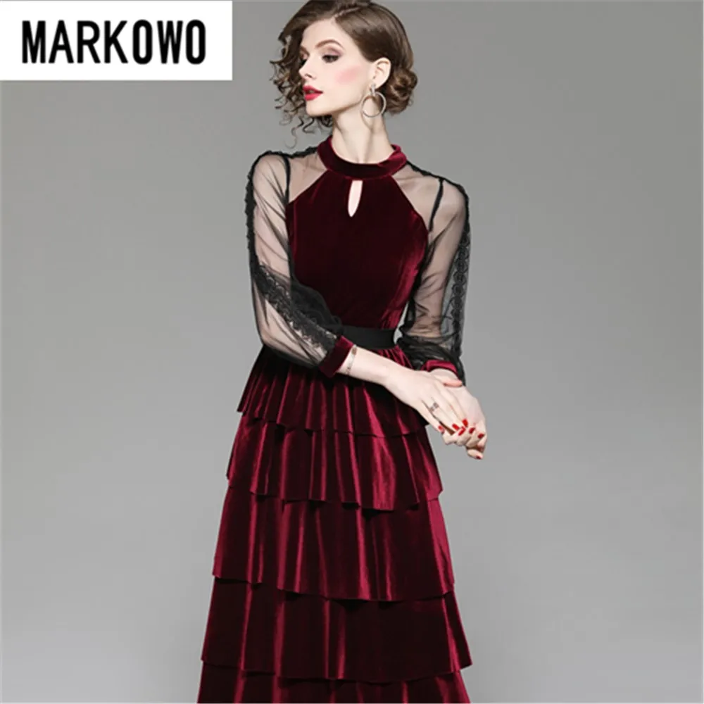 

MARKOWO Desinger Brand 20Autumn new European and American women's round neck velvet fashion temperament elegant dress cake skirt