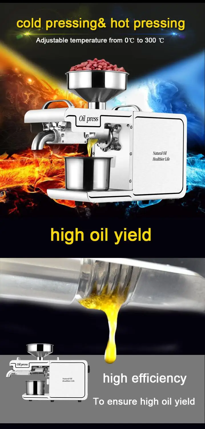 Prensa de óleo doméstica, armação de aço inoxidável comercial, máquina de fritura pequena inteligente para amendoim, semente de flor e óleo de nogueira