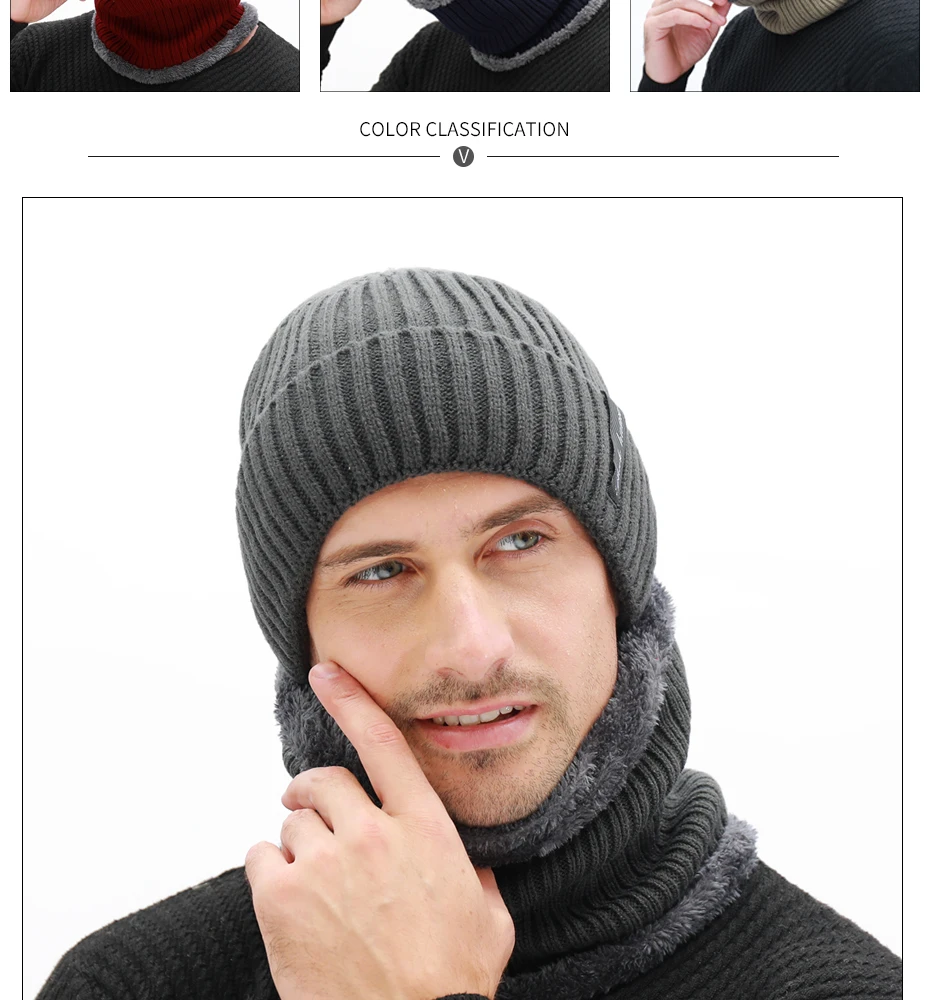 Winter herren Schal Gestrickte Hut Set Maske Warm Caps Plus Samt Dicke Mützen Für Männer Skullies Mützen Frauen Kappe mode Balaclava – Detail 4