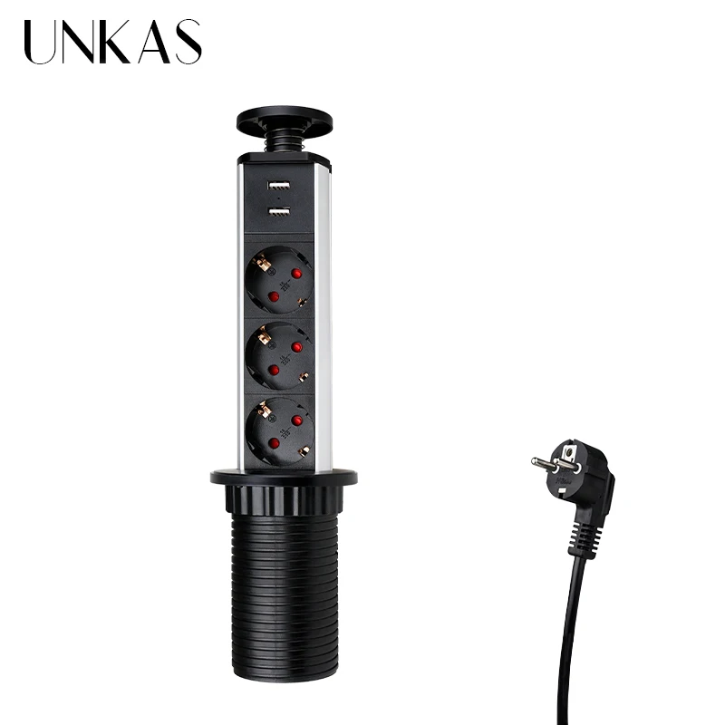 UNKAS 16A PULL POP UP 3 Power EU Socket New Black Color Port Kitchen Table Desktop Sockets Retractable Countertops French Plug